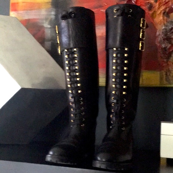 🇺🇸 Martinez Valero Knee High Leather Combat Boots 38.5 fits 8 or small 8.5 - Picture 2 of 15